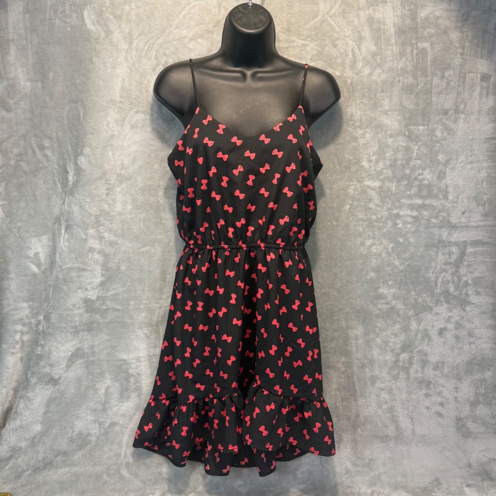 Audrey 3+1 Black Red Bow Print Ruffle‎ High Low Mini Dress Womens Medium